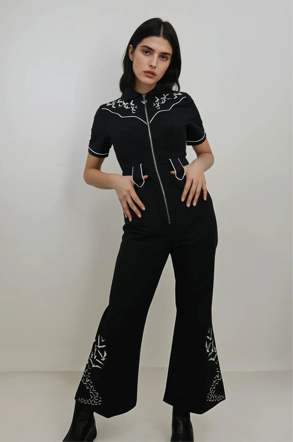 Bat Embroidered Western Tassel Jumpsuit