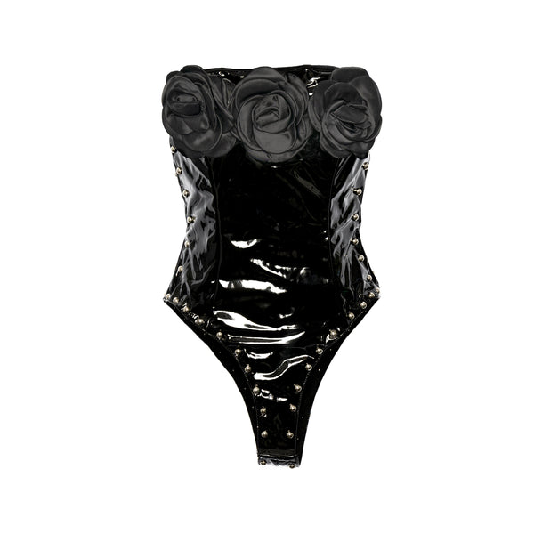 Floral PU Patent Leather Goth Bodysuit